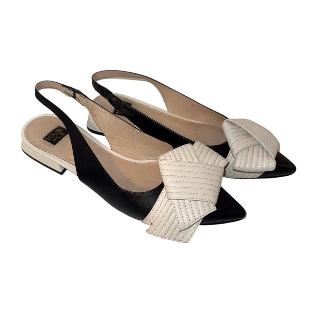 LOUISE ET CIE Black and White Pointed Slingback Flats with Bow Accent 6
